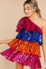 Sparkly Sequined One Charming Shoulder Mini Dress