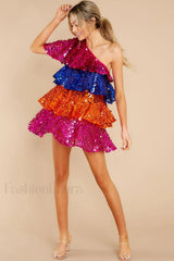 Sparkly Sequined One Charming Shoulder Mini Dress