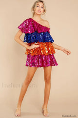 Sparkly Sequined One Charming Shoulder Mini Dress S / Multi Color
