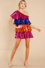 Sparkly Sequined One Charming Shoulder Mini Dress S / Multi Color