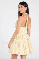 Spice Girl Deep V Neck Backless Pleated Printed A Line Mini Dress