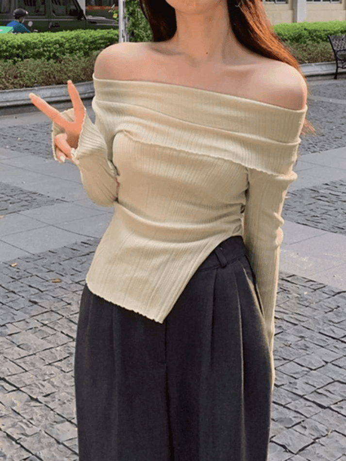 Split Off Shoulder Ribbed Knit Top Sweaters