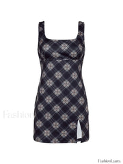 Split Sleeveless Checkered Mini Dress Mini Dresses