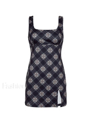 Split Sleeveless Checkered Mini Dress Mini Dresses