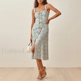 Square Bow Slit Floral Dress Blue / S
