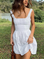 Square Neck Ruffles Mini Dresses White / S Mini Dresses