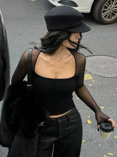 Square Neck Sheer Panel Crop T Shirt Black / XS T Shirts