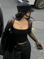 Square Neck Sheer Panel Crop T Shirt Black / XS T Shirts