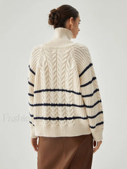 Stand Collar Cable Trendy Knit Stripe Cardigan Sweaters L