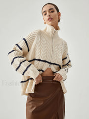 Stand Collar Cable Trendy Knit Stripe Cardigan Sweaters L
