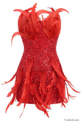 Strapless Sequin Feather Charming Embellished Mini Dress S / Red Party Dresses L