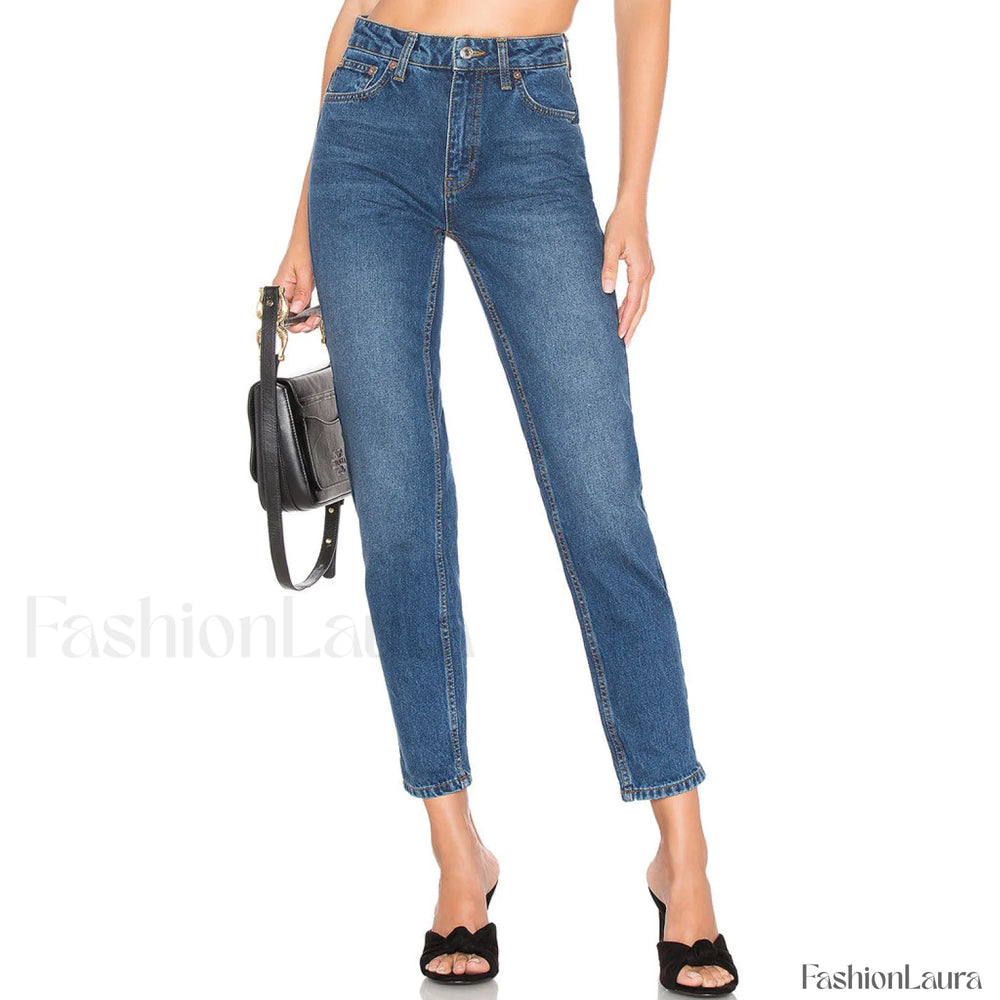 Street Style High Waist Faded Trim Skinny Leg Jeans Blue S / Blue Jeans