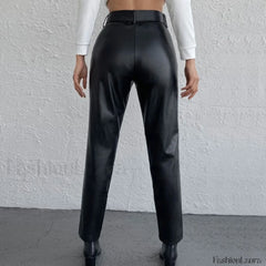 Striking High Waist Buckle Trim Side Pocket Vegan Pants Black L / Black Pants
