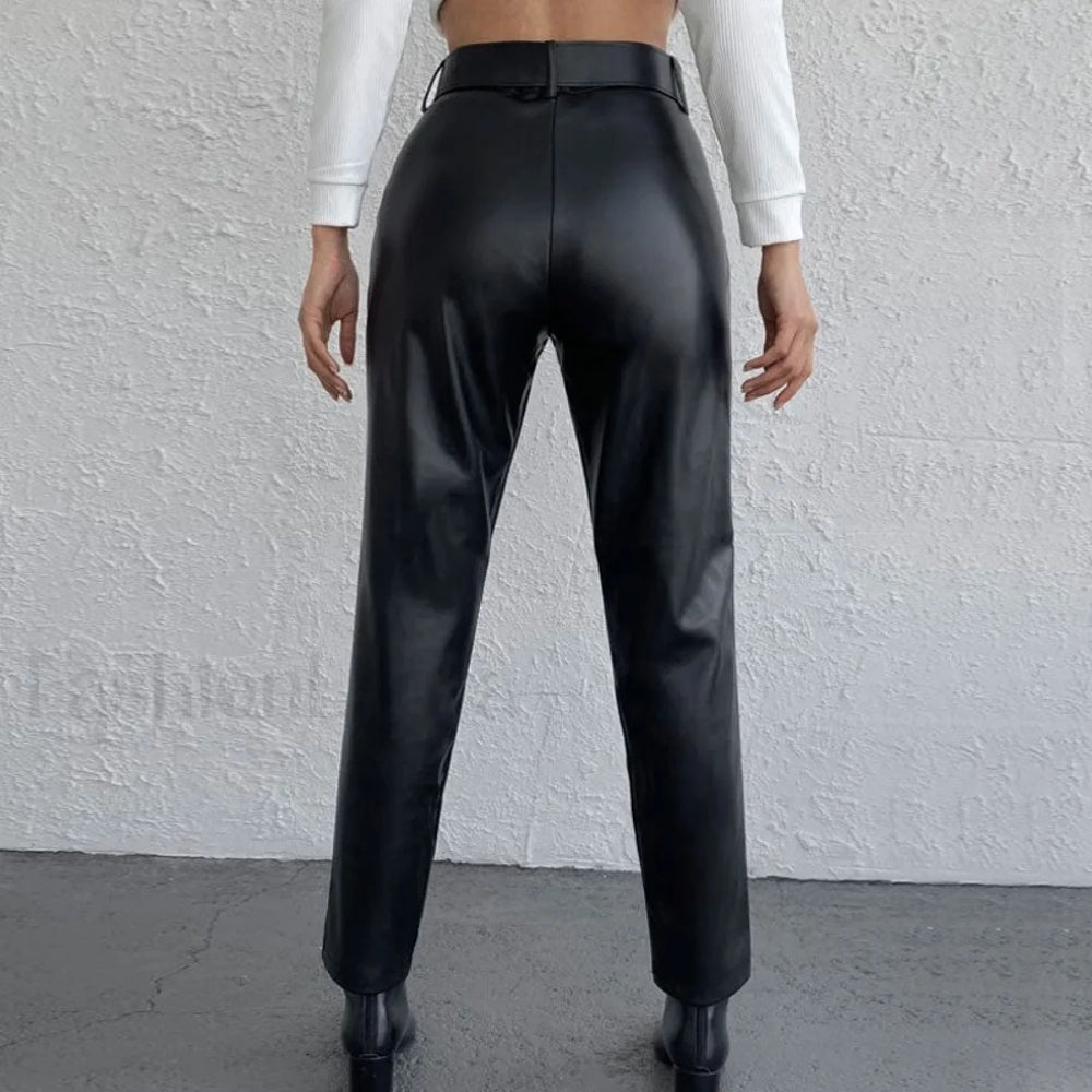 Striking High Waist Buckle Trim Side Pocket Vegan Pants Black L / Black Pants