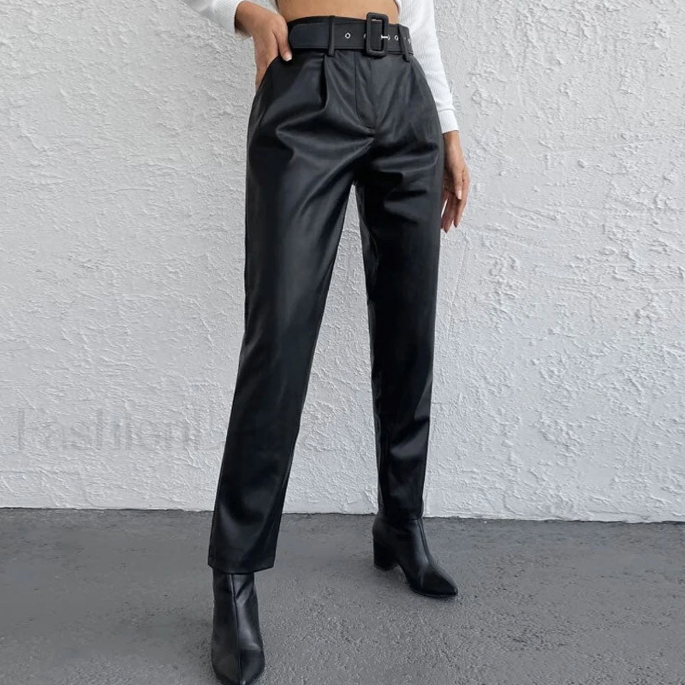 Striking High Waist Buckle Trim Side Pocket Vegan Pants Black M / Black Pants