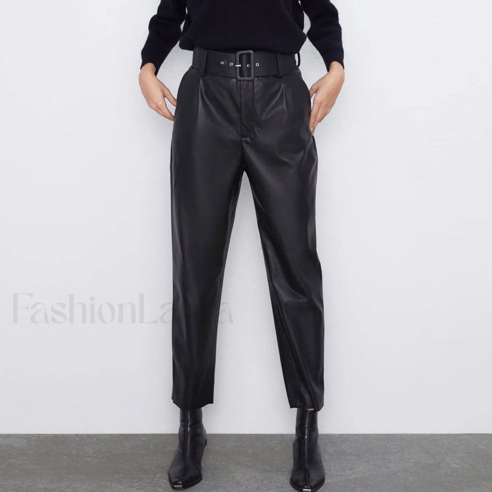Striking High Waist Buckle Trim Side Pocket Vegan Pants Black S / Black Pants