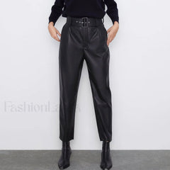 Striking High Waist Buckle Trim Side Pocket Vegan Pants Black S / Black Pants