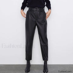 Striking High Waist Buckle Trim Side Pocket Vegan Pants Black S / Black Pants
