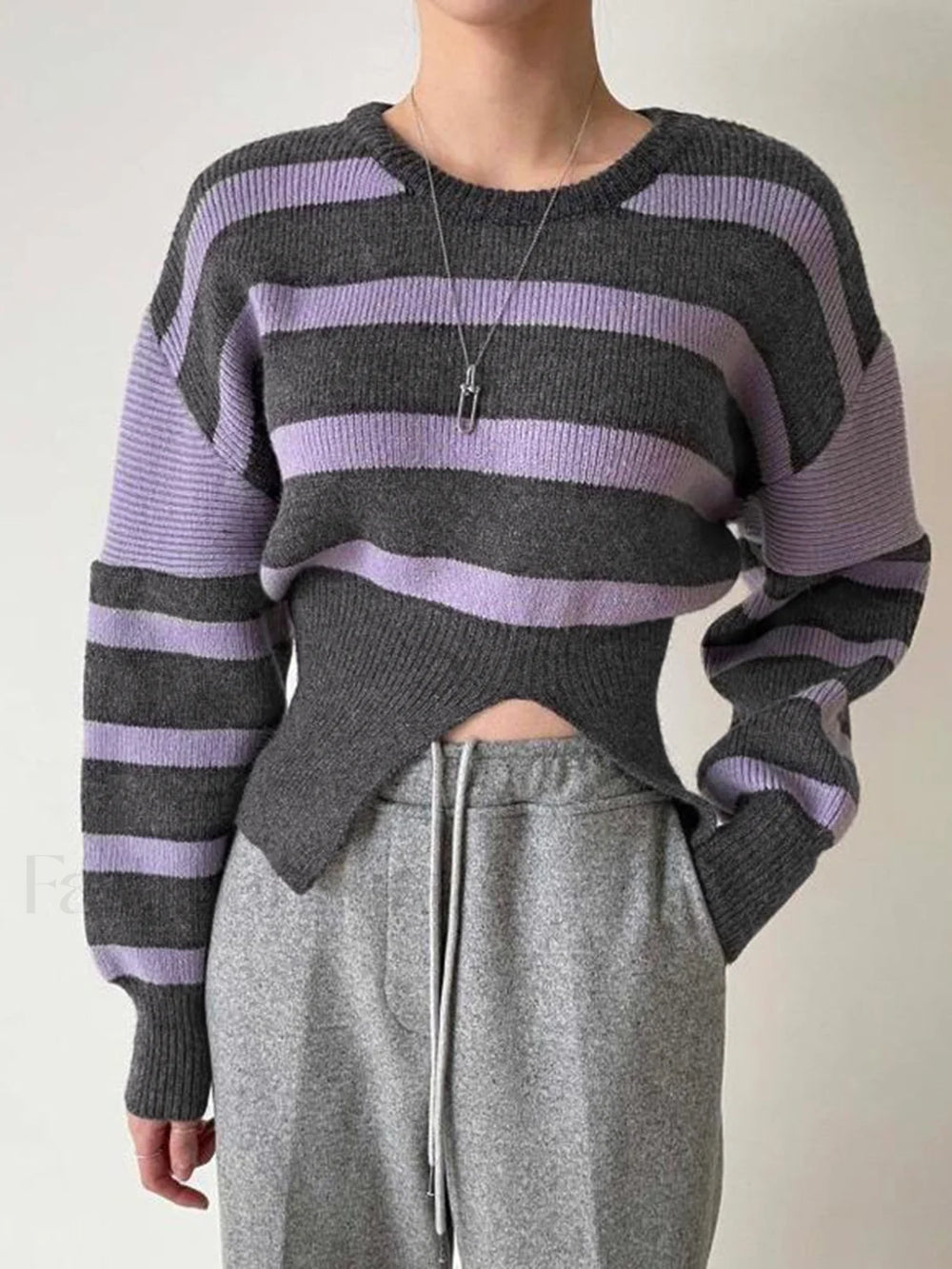 Stripe Asymmetric Graceful Notched Crop Sweater Purple / XS Sweaters L