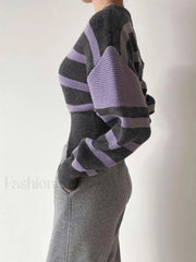 Stripe Asymmetric Graceful Notched Crop Sweater Sweaters L