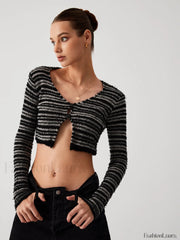 Stripe Fuzzy Fly Trendy Away Crop Cardigan Sweaters L