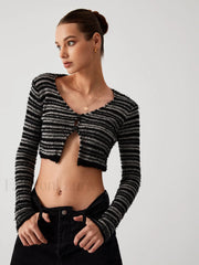 Stripe Fuzzy Fly Trendy Away Crop Cardigan Sweaters L