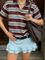 Stripe Polo Neck Loose Casual T Shirt brown / S
