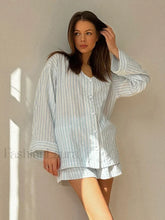 Striped Long Sleeve Shorts Two Piece Set Blue / S