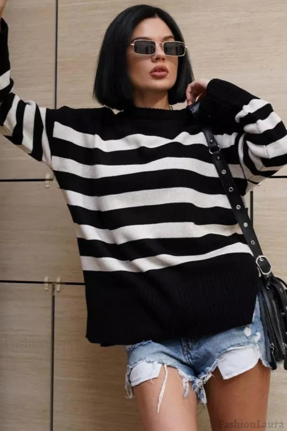 Striped Loose Knit Pullover Sweater Black / S