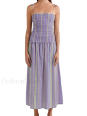 Striped Spaghetti Patchwork Maxi Dress purple / S