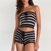 Striped Tube Top Shorts Two Piece Set Black / S