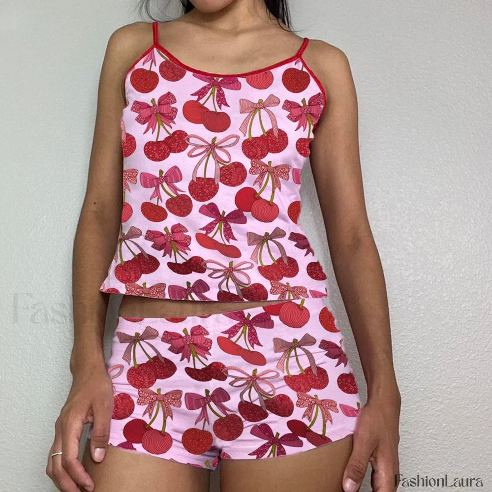 Summer Shorts Strawberry Cherry Bow Camisole Two Piece Set pink2 / S