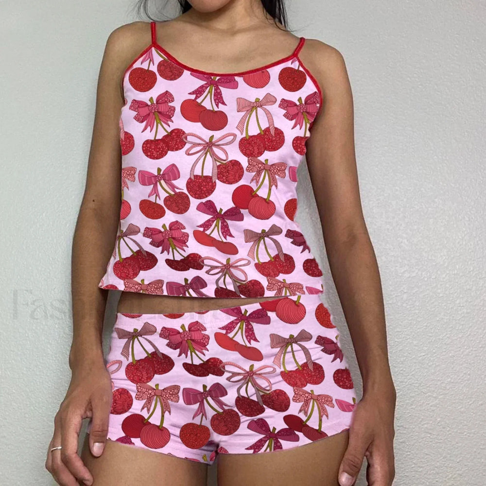 Summer Shorts Strawberry Cherry Bow Camisole Two Piece Set pink2 / S