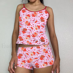 Summer Shorts Strawberry Cherry Bow Camisole Two Piece Set pink3 / S