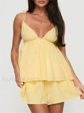 Summer V Neck Camis Ruffled Hem Tops Wide Leg Shorts Two Piece Set Yellow / S