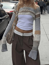 Super Crop Long Sleeve Striped Crochet Knit Top Gray / S Tops&Tees