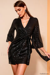 Surplice Neck Knot Charming Side Sequin Dress