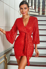 Surplice Neck Knot Charming Side Sequin Dress S / Red