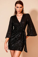 Surplice Neck Knot Charming Side Sequin Dress S / Black