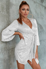 Surplice Neck Knot Charming Side Sequin Dress S / Silver