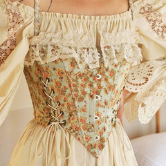 Sweet Ruffled Hook and Eye Lace Up Side Floral Crop Corset Top Green S / Green Crop Tops