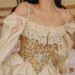 Sweet Ruffled Hook and Eye Lace Up Side Floral Crop Corset Top Green L / Green Crop Tops