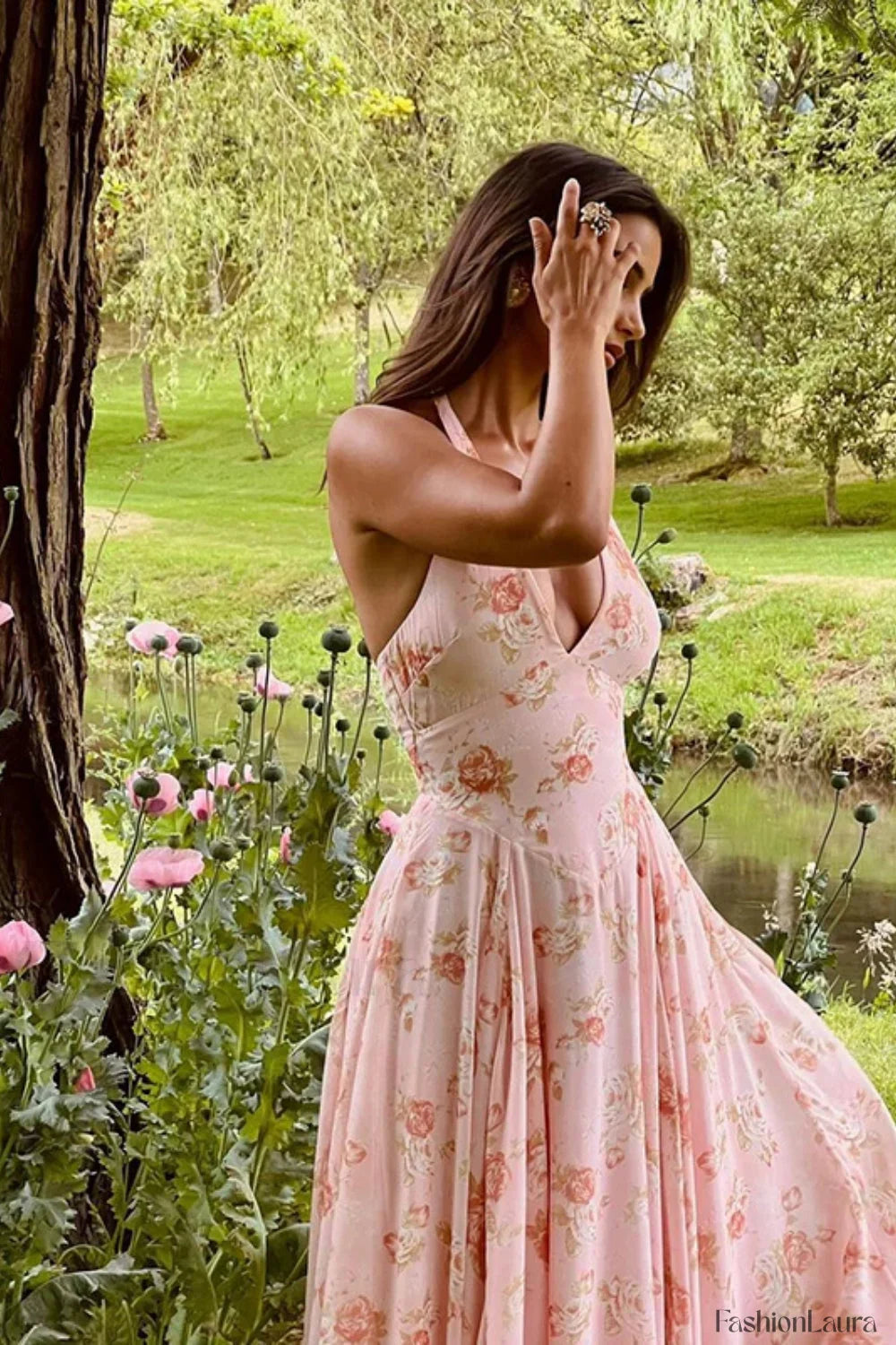 Sweet Wind Slim Print Neck A Line Floral Dress