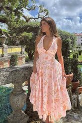 Sweet Wind Slim Print Neck A Line Floral Dress Pink / S