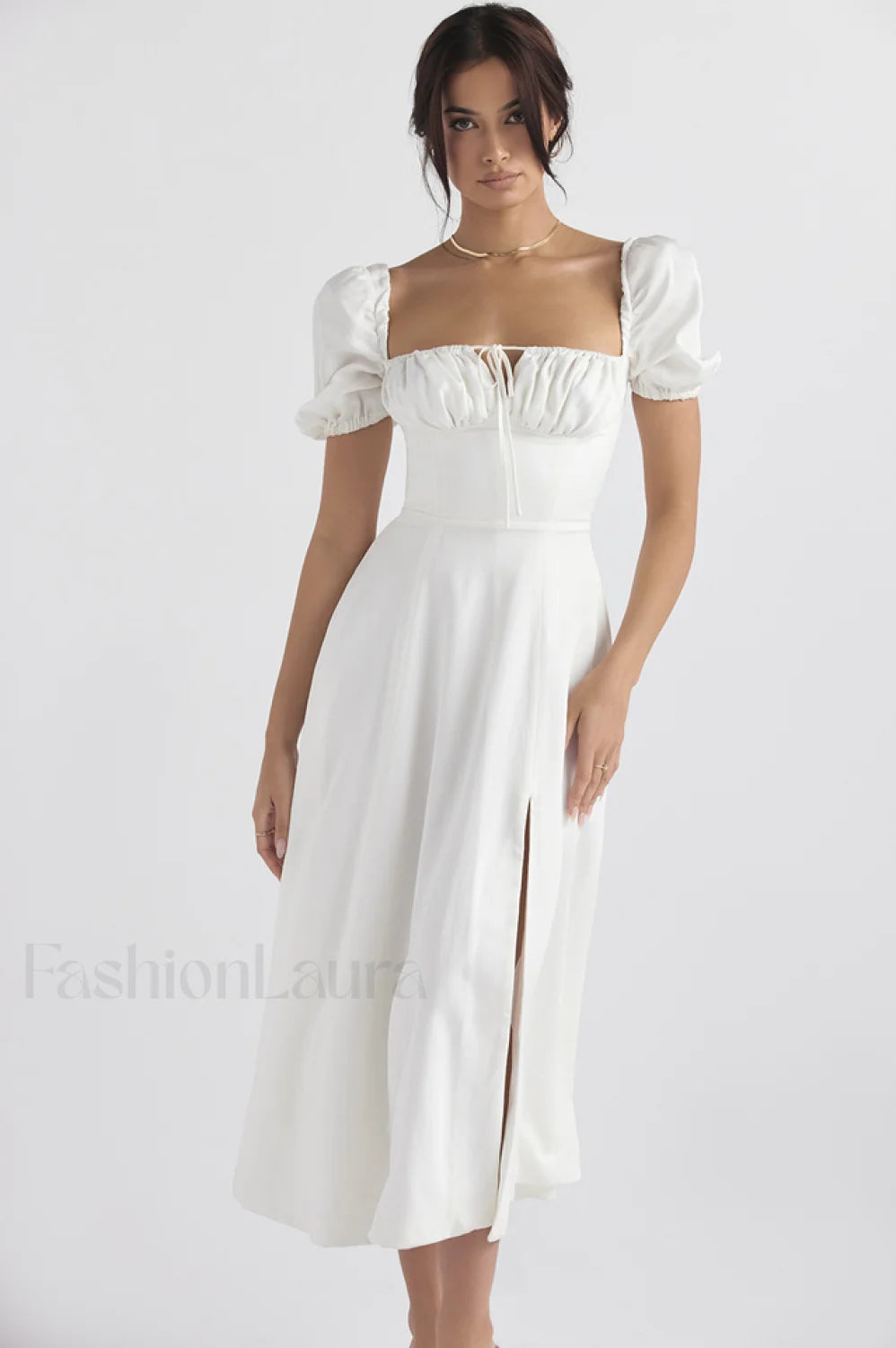 Tallulah White Puff Charming Sleeve Midi Dress