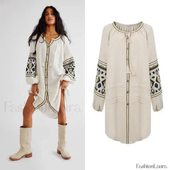 Tassel Lantern Sleeve Boho Dress Beige / S