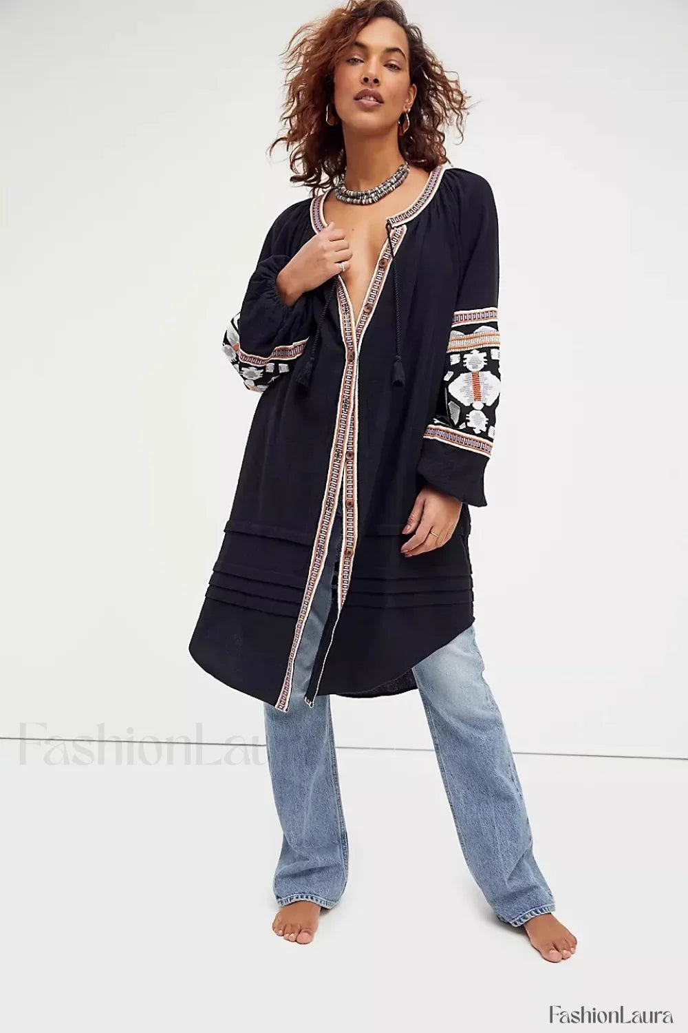 Tassel Lantern Sleeve Boho Dress Black2 / S