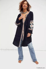 Tassel Lantern Sleeve Boho Dress Black2 / S