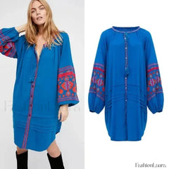 Tassel Lantern Sleeve Boho Dress Blue / S