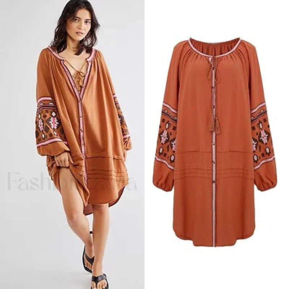 Tassel Lantern Sleeve Boho Dress Chocolate / S